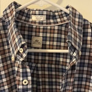 Peter Millar brown and blue plaid button down.  Extra Large